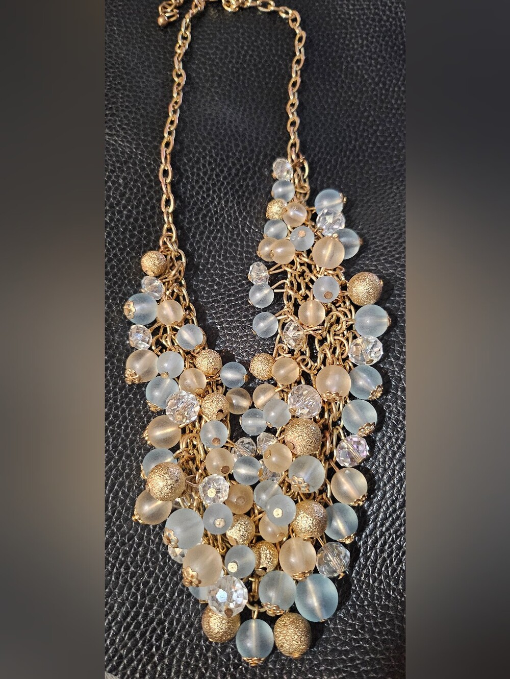 24"Gold-Tone Multi-Bead Statement Necklace in Frosted White and Champagne